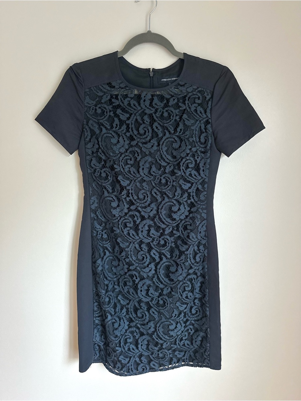 French Connection Womens Shift Dress Navy Lined Mini Short Sleeve Zip Lace 0